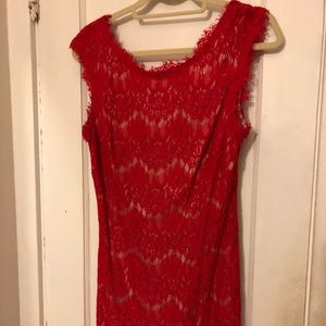 Betsy & Adam red lace prom dress